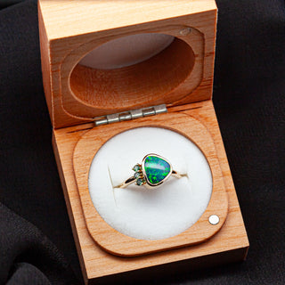 Seline | Green-Blue Australian Semi-Black Opal & Sapphire Ring