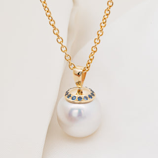 Australian Blue Sapphire and South Sea Pearl Necklace in Yellow Gold by World Treasure Designs