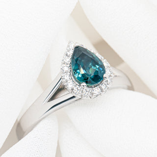 Australian Blue-Teal Pear Cut Sapphire Ring with Diamond Halo in White Gold by World Treasure Designs