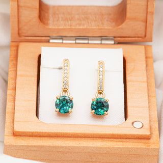 Australian Blue-Teal Sapphire and Diamond Drop Earrings in Yellow Gold by World Treasure Designs