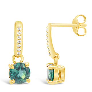 Australian Blue Teal Sapphire and Diamond Earrings in Yellow Gold by World Treasure Designs