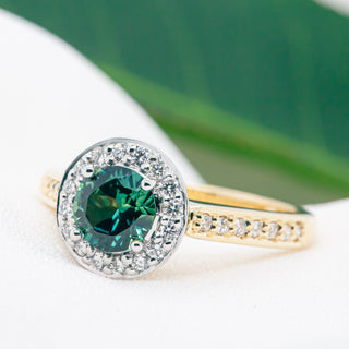 Australian Coastal Blue Parti Sapphire and Diamond Halo Ring in Yellow and White Gold by World Treasure Designs