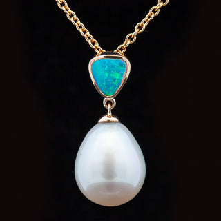 Elsa | Blue-Green Australian Crystal Opal & South Sea Pearl Necklace