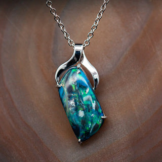 Green-Blue-Black-White Australian Fossilized Wood Opal Pendant in White Gold by World Treasure Designs