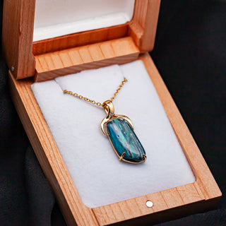 Australian Fossilized Wood Opal Pendant with Streaks of Color in Yellow Gold by World Treasure Designs