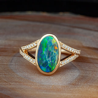 Australian Blue-Green Black Opal Ring with Split Shank Diamond Band in Yellow Gold by World Treasure Designs
