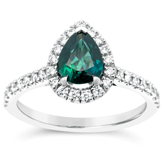 Australian Green-Blue Parti Pear Cut Sapphire Ring with Diamond Halo in White Gold by World Treasure Designs