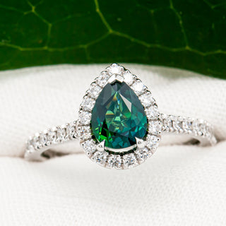 Australian Green-Blue Parti Sapphire Pear Cut Ring with Halo of Diamonds in White Gold by World Treasure Designs