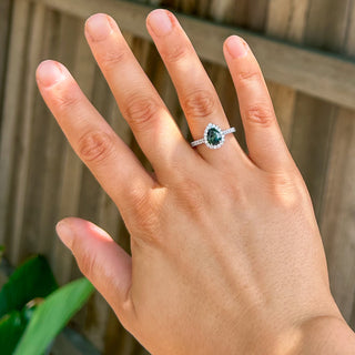 Australian Pear Cut Green-Blue Parti Sapphire Ring with Diamond Halo in Yellow Gold by World Treasure Designs