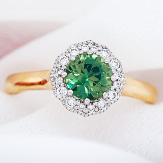 Sapphire and Diamond Halo Ring with Australian Green-Blue Parti Sapphire in Yellow and White Gold by World Treasure Designs