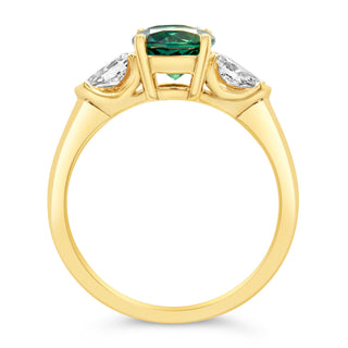 Australian Green-Blue Parti Sapphire Ring with two Pear Shaped Diamonds in Yellow Gold by World Treasure Designs