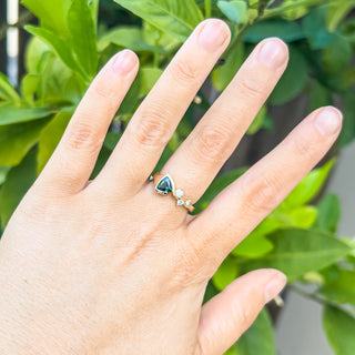 Australian Green-Blue Parti Sapphire Tri Cut Ring with Band of Diamonds in Yellow Gold by World Treasure Designs