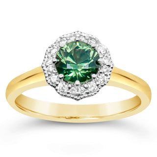 Australian Green-Blue Parti Sapphire Ring with a Halo of Diamonds in Yellow and White Gold by World Treasure Designs