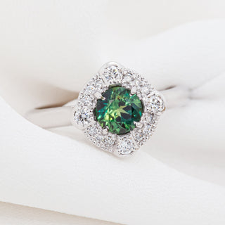 Australian Green Parti Sapphire Ring Diamond Halo in White Gold by World Treasure Designs