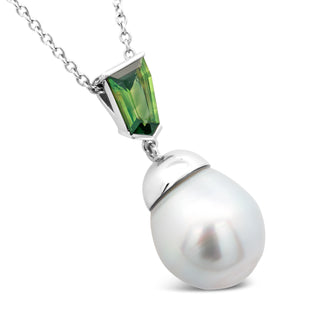 Australian Green Parti Sapphire and South Sea Pearl Pendant in White Gold by World Treasure Designs