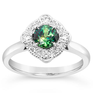 Australian Green Parti Sapphire With Diamond Halo Ring in White Gold by World Treasure Designs