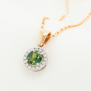 Australian Green Sapphire Pendant with Diamond Halo in Yellow and White Gold by World Treasure Designs