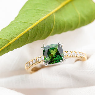 Australian Green Sapphire Ring with Diamonds on the Band in White and Yellow Gold by World Treasure Designs