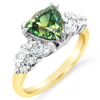 Australian Green Tri-Cut Parti Sapphire Ring with Marquise Diamonds in Yellow and White Gold by World Treasure Designs