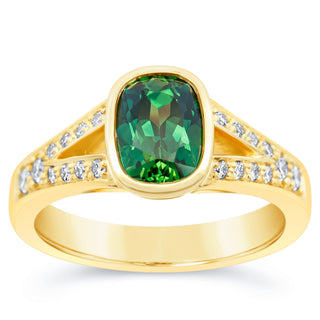 Australian Long Cushion Cut Green Parti Sapphire Ring with Split Shank Diamond Band in Yellow Gold by World Treasure Designs