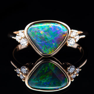 Multicoloured Australian Black Opal and Diamond Ring in Yellow Gold by World Treasure Designs