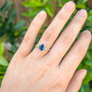 Australian Blue Pear Cut Sapphire and Diamond Ring in Yellow and White Gold by World Treasure Designs