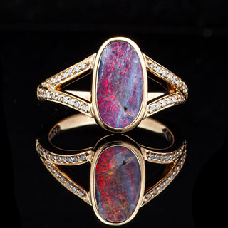 Australian Pink-Purple Black Opal and Diamond Ring in Yellow Gold by World Treasure Designs