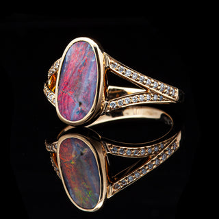 Australian Pink-Purple Black Opal Ring with Diamonds in Yellow Gold by World Treasure Designs