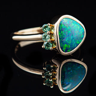 Seline | Green-Blue Australian Semi-Black Opal & Sapphire Ring