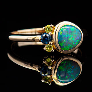 Seline | Blue-Green Australian Semi-Black Opal & Sapphire Ring