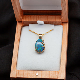 Eden | Blue-Green Australian Semi-Black Opal & Leaf Necklace