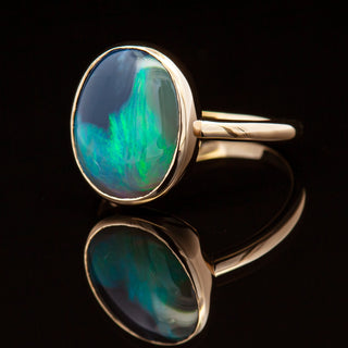 Australian Semi-Black Opal Ring with Green Aqua and Blue Set in 9ct Yellow Gold by World Treasure Designs