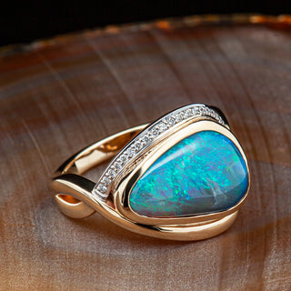 Australian Semi-Black Opal Ring with Diamonds in Yellow Gold and White Gold by World Treasure Designs