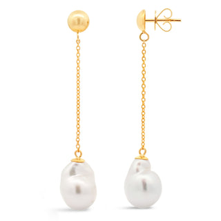 Australian South Sea Baroque Pearl Drop Earrings in Yellow Gold by World Treasure Designs