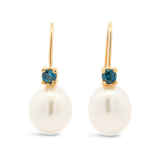 Australian Blue Sapphire and Pearl Earrings in Yellow Gold by World Treasure Designs