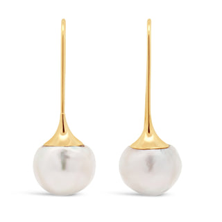 Australian South Sea Pearl Dangle Drop Earrings in Yellow Gold by World Treasure Designs