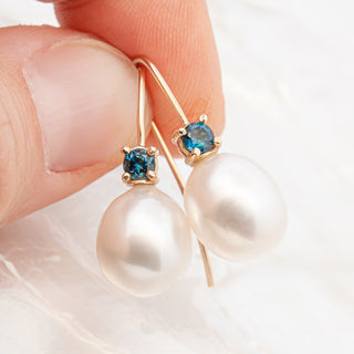 Australian South Sea Pearl Earrings with Australian Blue Sapphires in Yellow Gold by World Treasure Designs