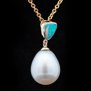 Elsa | Blue-Green Australian Crystal Opal & South Sea Pearl Necklace