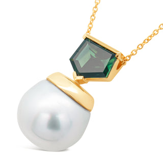Australian South Sea Pearl and Australian Teal-Green Parti Sapphire Pendant Necklace in Yellow Gold by World Treasure Designs