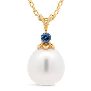 Australian Blue Sapphire and Australian South Sea White Pearl Necklace in Yellow Gold by World Treasure Designs