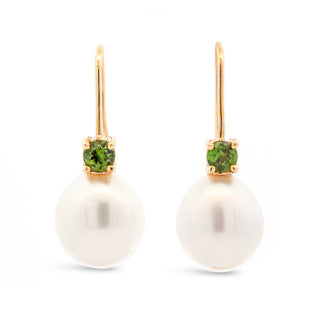 Australian Green Sapphire Earrings with Pearls in Yellow Gold by World Treasure Designs