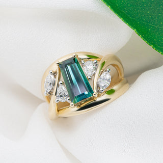Baguette Teal Australian Sapphire with Marquise and Pear Cut Diamonds in Yellow Gold by World Treasure Designs