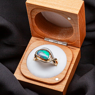 Australian Teal Black Opal Ring with Diamonds in White and Yellow Gold by World Treasure Designs