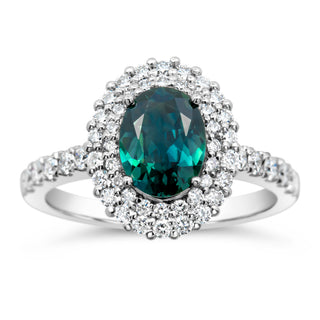 Australian Teal-Blue Parti Sapphire and Diamond Halo Ring in Platinum by World Treasure Designs
