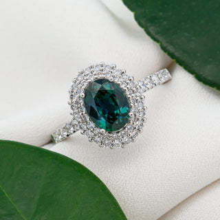 Australian Teal-Blue Parti Sapphire with Diamond Halo in Platinum by World Treasure Designs