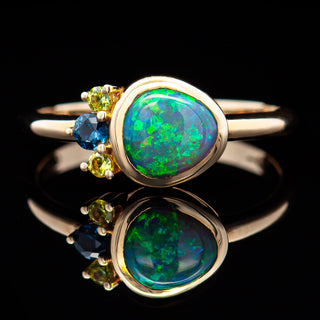 Seline | Blue-Green Australian Semi-Black Opal & Sapphire Ring