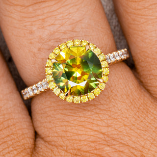 Australian Yellow Green Parti Sapphire Ring Yellow Diamond Halo in Yellow Gold by World Treasure Designs