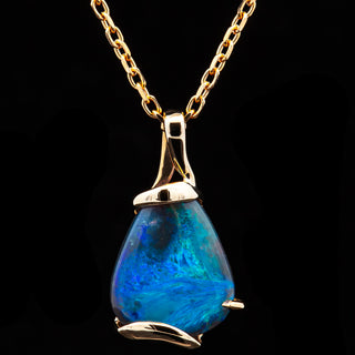 Blue Australian Semi-Black Opal Necklace with Yellow Gold Accent in Yellow Gold by World Treasure Designs