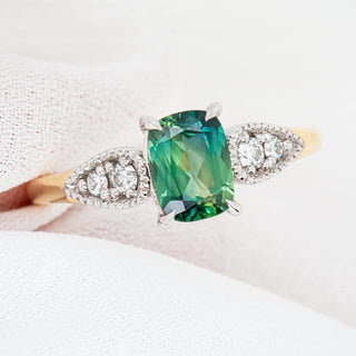 Blue-Green-Aqua Parti Sapphire Right With Australian Sapphire and Diamonds in Yellow Gold by World Treasure Designs