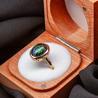 Blue-Green Australian Boulder Opal Bezel Set Ring in Yellow Gold by World Treasure Designs